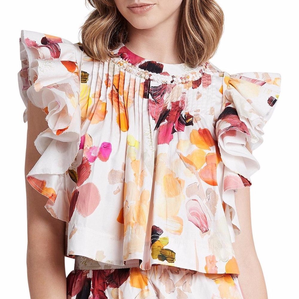 Aje White Multicolor Dassia Floral Frill Sleeve Relaxed Top Size 6